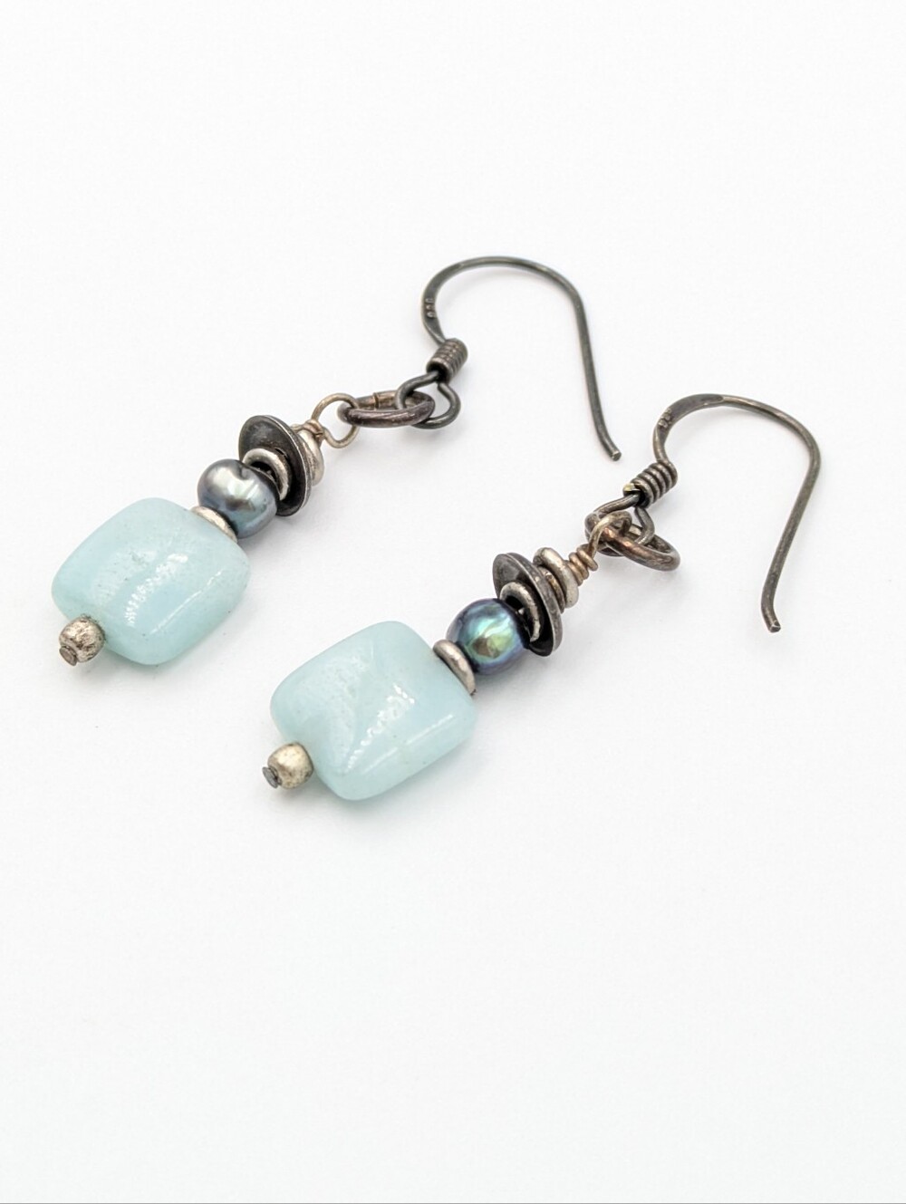 Sterling silver 925 blue aquamarine stone and black pearl dangle earrings